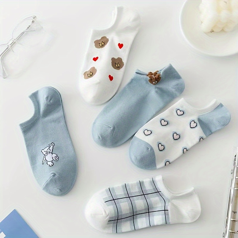 5 pairs cute bear heart print socks breathable comfy low cut ankle socks womens stockings hosiery details 3