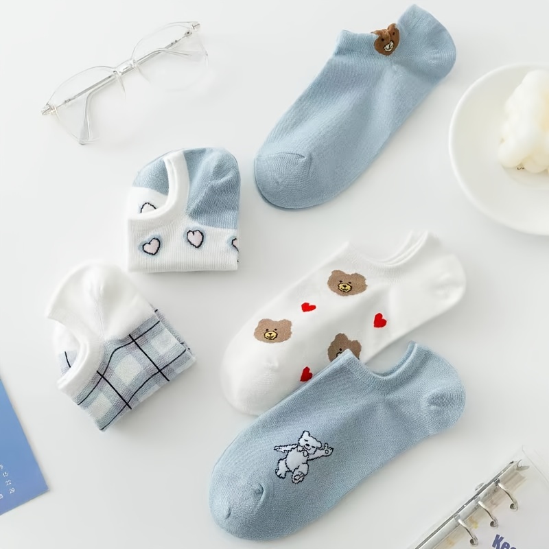 5 pairs cute bear heart print socks breathable comfy low cut ankle socks womens stockings hosiery details 4
