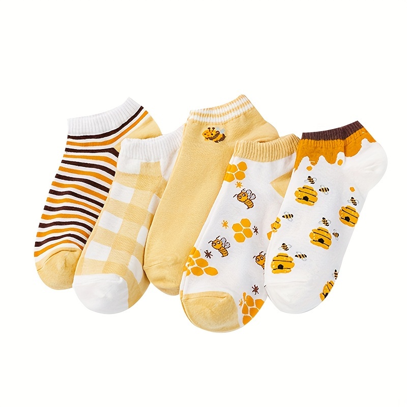 5 pairs bee checkered print socks cute comfy low cut ankle socks womens stockings hosiery details 1