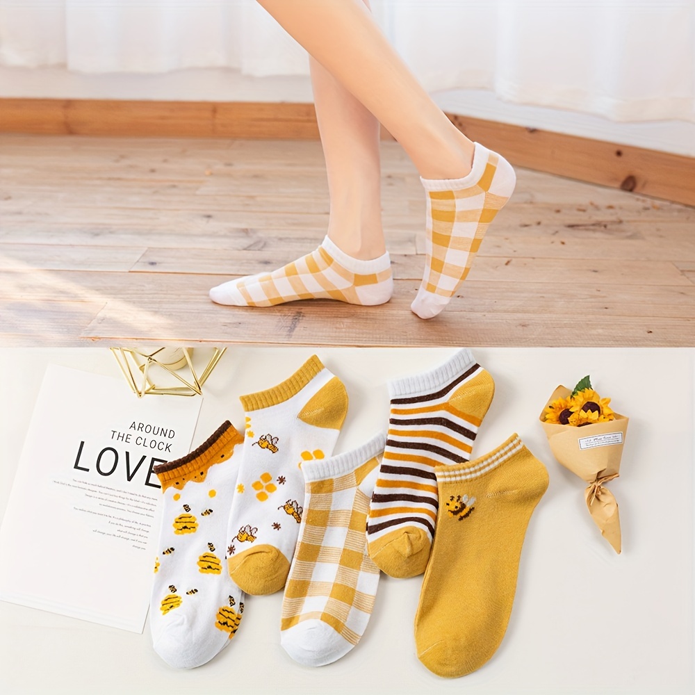 5 pairs bee checkered print socks cute comfy low cut ankle socks womens stockings hosiery details 2