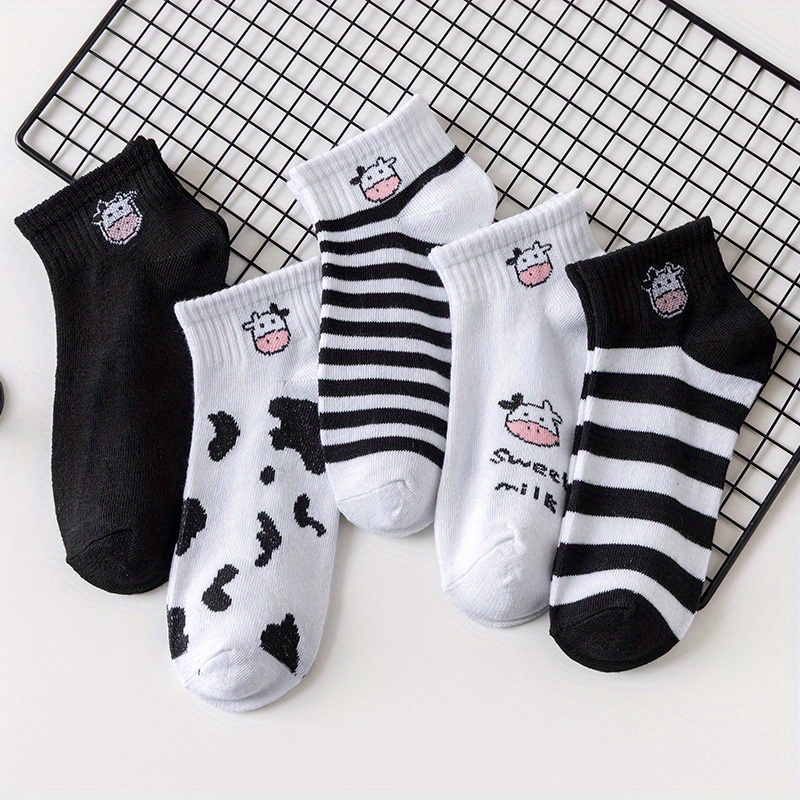 5 pairs cute cow print socks comfy breathable striped ankle socks womens stockings hosiery details 0