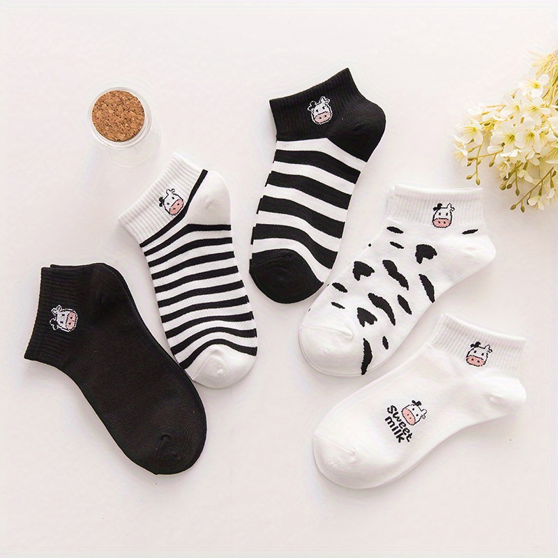 5 pairs cute cow print socks comfy breathable striped ankle socks womens stockings hosiery details 1