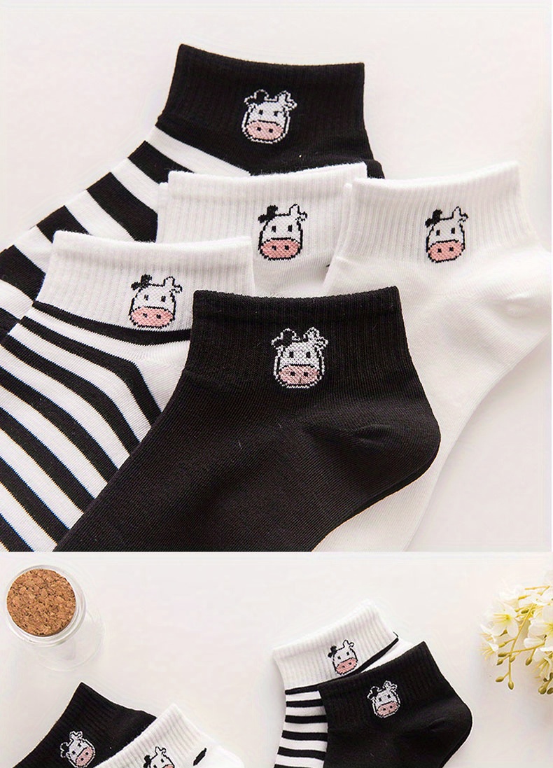 5 pairs cute cow print socks comfy breathable striped ankle socks womens stockings hosiery details 2