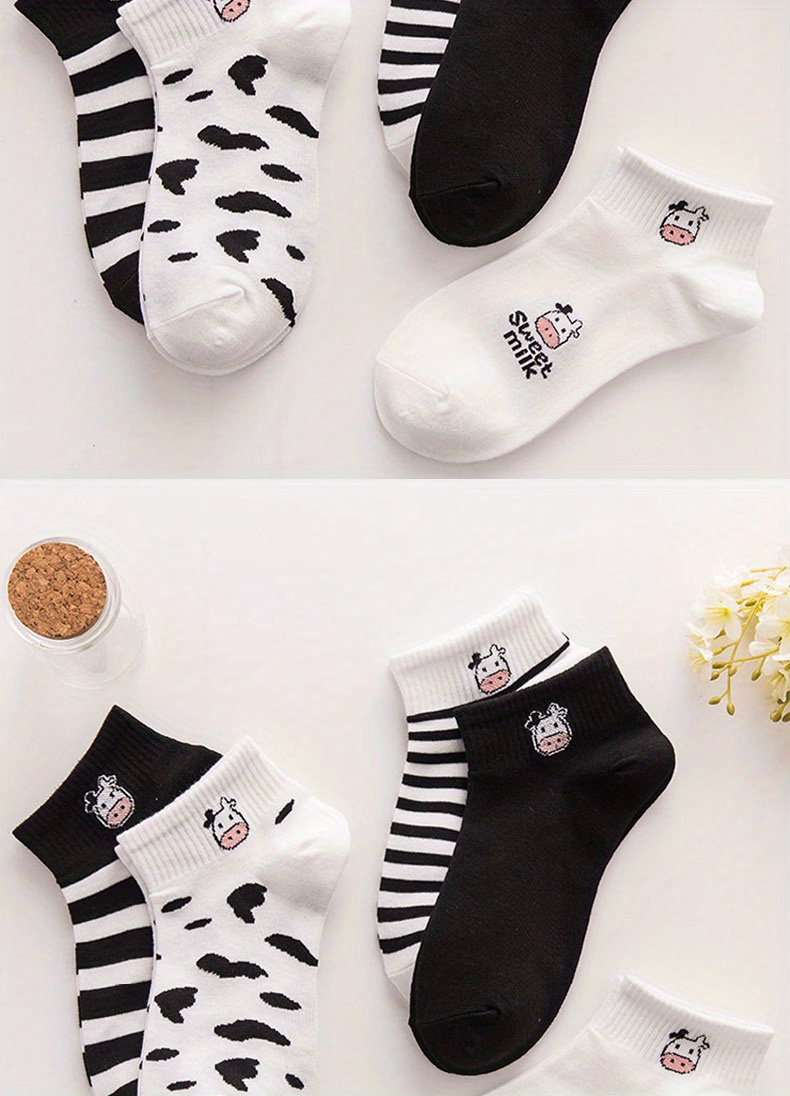 5 pairs cute cow print socks comfy breathable striped ankle socks womens stockings hosiery details 3