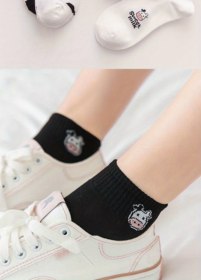 5 pairs cute cow print socks comfy breathable striped ankle socks womens stockings hosiery details 4