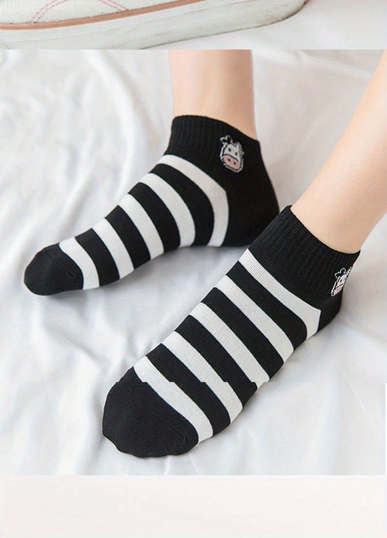 5 pairs cute cow print socks comfy breathable striped ankle socks womens stockings hosiery details 5