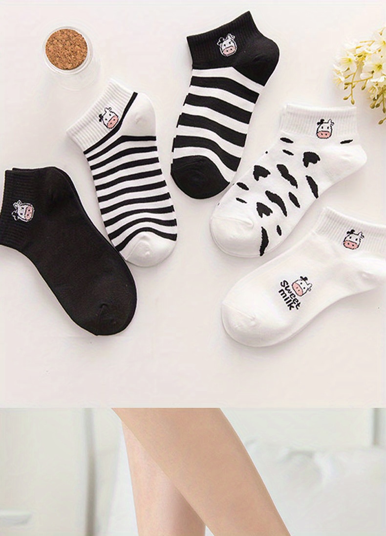 5 pairs cute cow print socks comfy breathable striped ankle socks womens stockings hosiery details 6