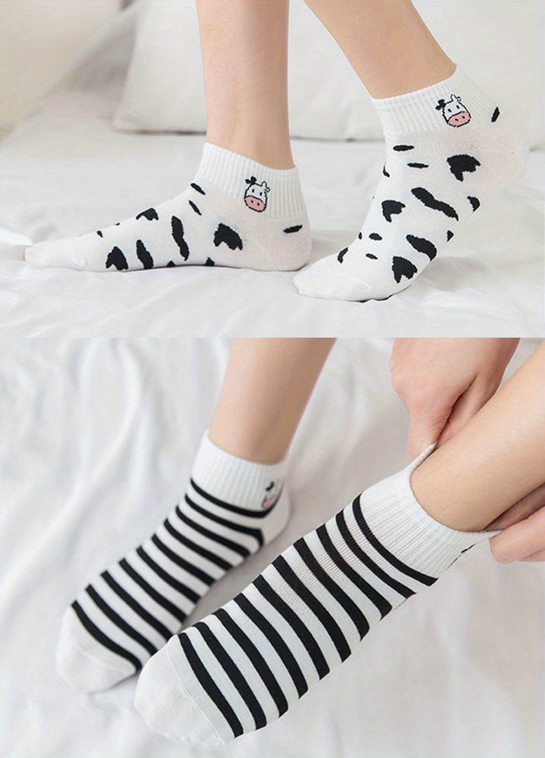 5 pairs cute cow print socks comfy breathable striped ankle socks womens stockings hosiery details 7