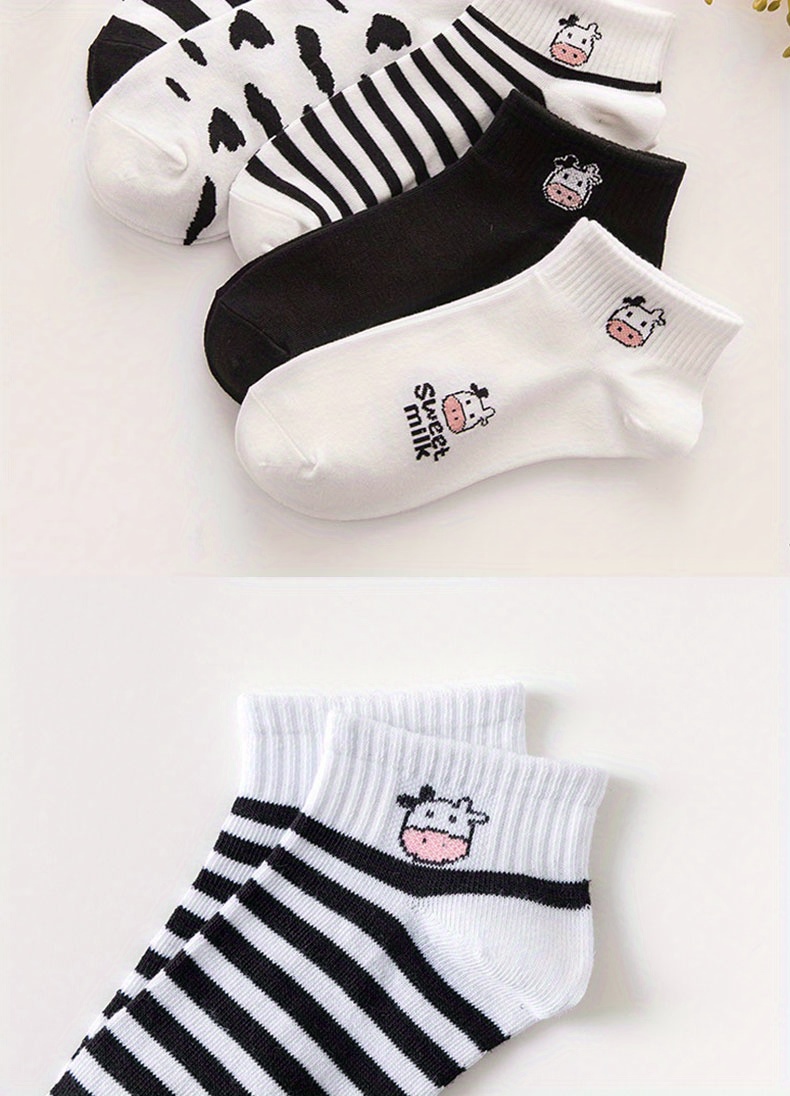 5 pairs cute cow print socks comfy breathable striped ankle socks womens stockings hosiery details 9