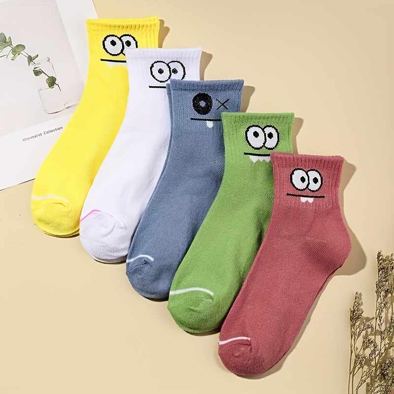 5 pairs cartoon eyes print socks comfy cute mid tube socks womens stockings hosiery details 0