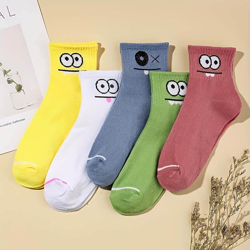 5 pairs cartoon eyes print socks comfy cute mid tube socks womens stockings hosiery details 1