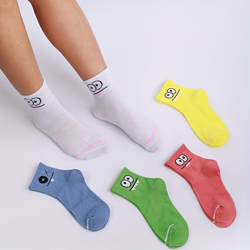 5 pairs cartoon eyes print socks comfy cute mid tube socks womens stockings hosiery details 2