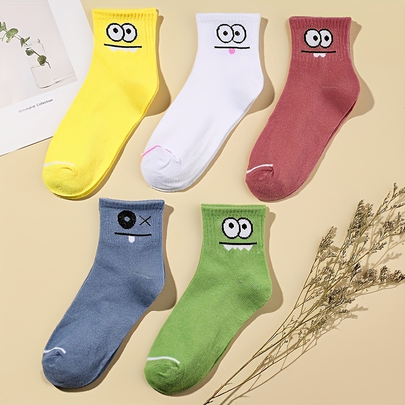5 pairs cartoon eyes print socks comfy cute mid tube socks womens stockings hosiery details 3