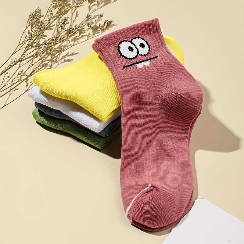 5 pairs cartoon eyes print socks comfy cute mid tube socks womens stockings hosiery details 4